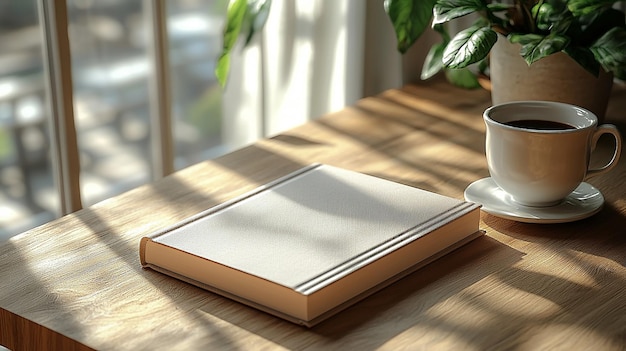 Photo empty book mockup on a table with a coffee cup 3d rendering of a book cover template ideal for presentations