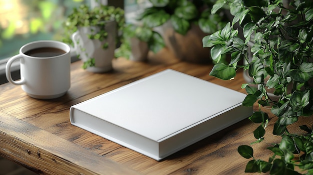 Photo empty book mockup on a wooden table next to a coffee cup 3d rendering of a book cover template