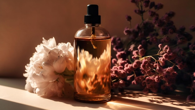 An empty bottle of almond oil sits on an arrangement of white flowers and weeds