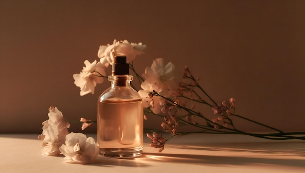 An empty bottle of almond oil sits on an arrangement of white flowers and weeds