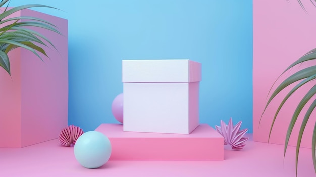 Empty box mockup surrounded by abstract geometric shapes