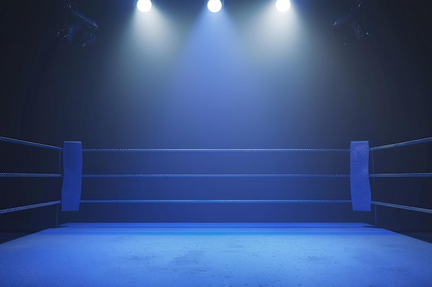 An empty boxing ring under dramatic blue lighting casting an aura of expectation and readiness for the upcoming battle