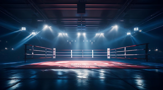 An Empty Boxing Ring with Light Shining on the Rings