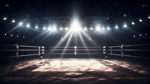 Empty boxing ring with a light on the wall