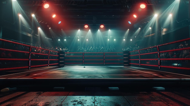 Empty boxing ring with spotlights in the dark arena