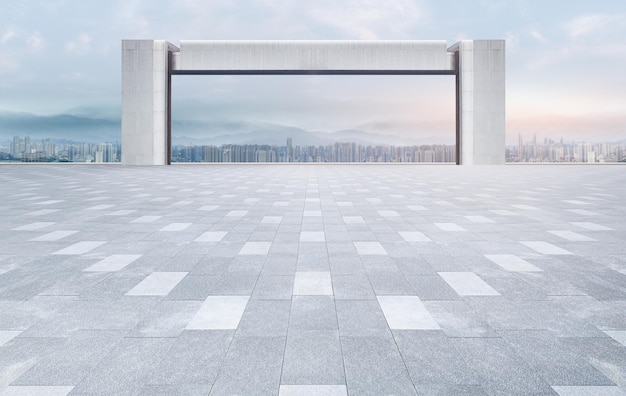 Empty brick floor plaza with panoramic city skyline and skyscrapers