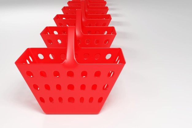 Empty bright red shopping basket on grey background 3d rendering illustration