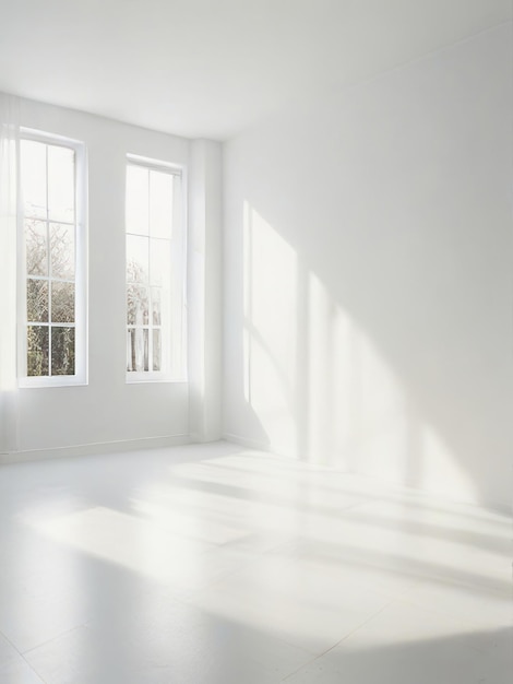 empty bright room with white walls wooden floor light from the window