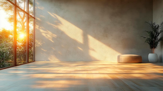 Photo empty bright room with wooden floor minimalist interior with plant and sunlight from the large window