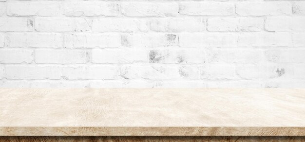 Empty brown cement table over white wall background banner