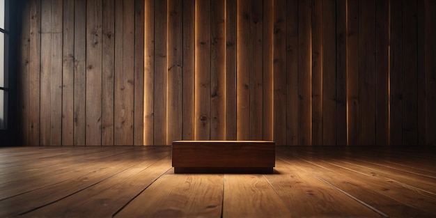 Empty brown glowing square podium illuminating the room with wooden floor background