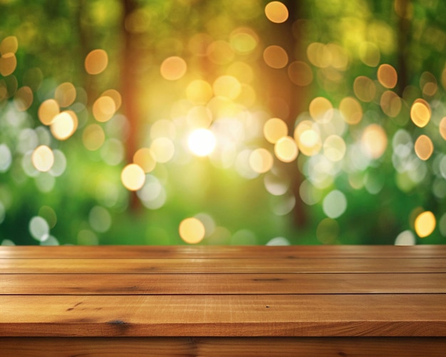 Photo empty brown wood table top with blur light decoration on green tree bokeh background