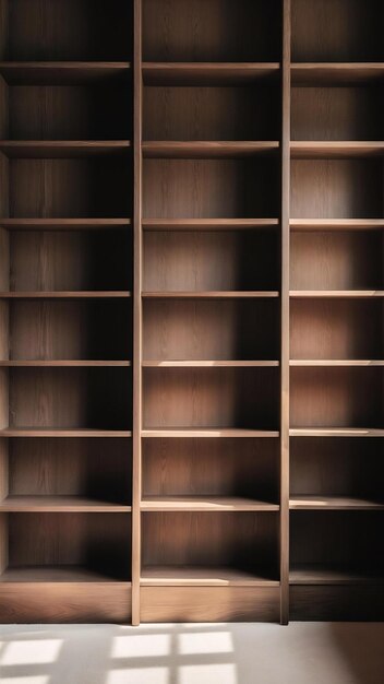 Photo empty brown wooden book shelf