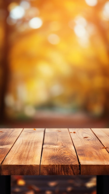 An empty brown wooden countertop on a blurred autumn background on a sunny day Vertical photo for Product presentation Advertising Copy space