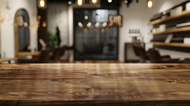 empty brown wooden tabletop for product display on blurred beauty and hair salon int Generative AI