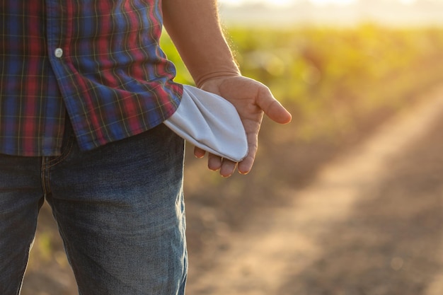 Empty budget Lose profit Fail or unsuccessful in business concept Asian farmer is standing in the field of tobacco tree and show trouser pocket