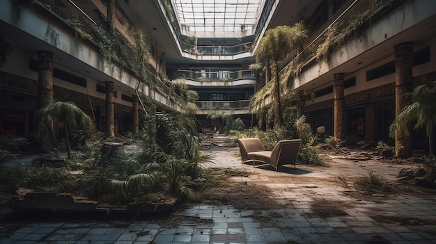 An empty building with plants growing out of it