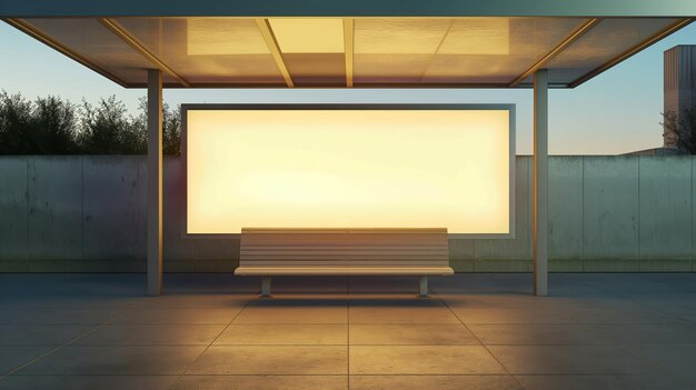 Empty Bus Stop Bench in Modern Shelter with Sunset Glow Urban Ambiance and Industrial Background