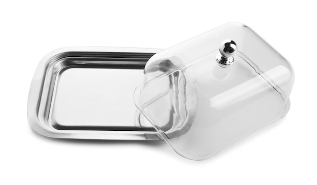 Empty butter dish on white background