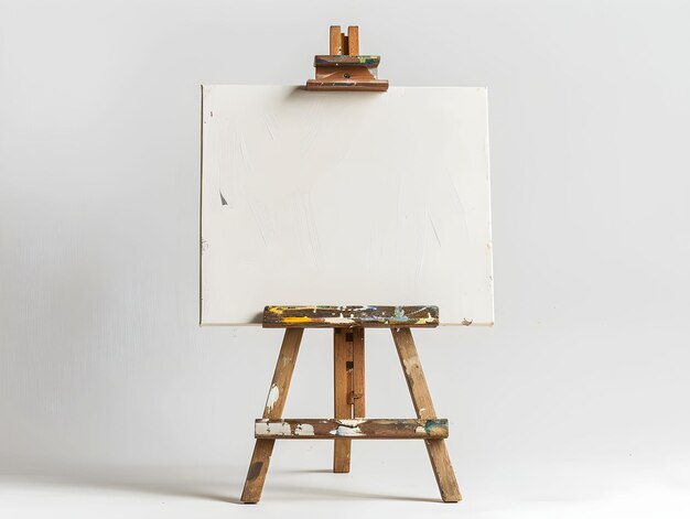 Photo empty canvas on wooden easel against a light gray background in a creative studio