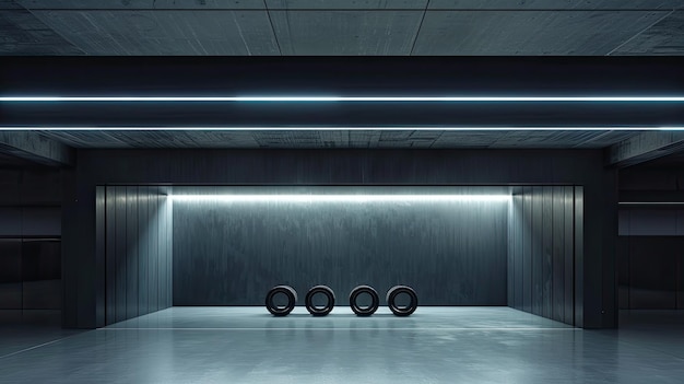 an empty car garage where four car tires stand in place of a vehicle set against the backdrop of a sleek black studio evoking a sense of anticipation and possibility