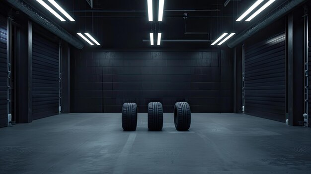 an empty car garage where four car tires stand in place of a vehicle set against the backdrop of a sleek black studio evoking a sense of anticipation and possibility