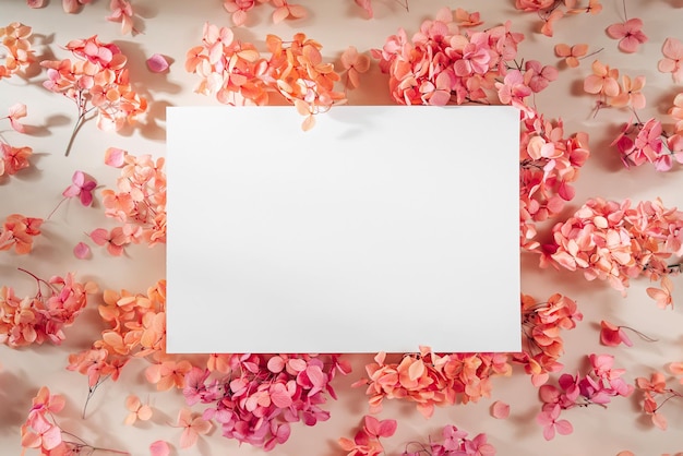 Empty card with pink flowers Mock card up on stylish background for presentation or design Festive and spring consept Mothers day card or Womens day