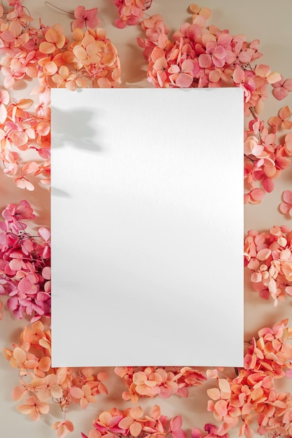 Empty card with pink flowers Mock card up on stylish background for presentation or design Festive and spring consept Mothers day card or Womens day