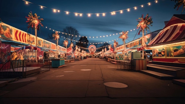 an empty carnival midway adorned with festive banners and lights