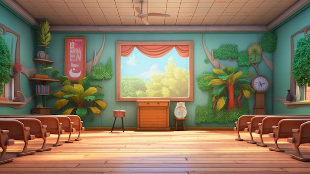 Photo an empty cartoon classroom with wooden floors desks and chairs a window with red curtains looks out on a green forest there are plants and clocks on the walls