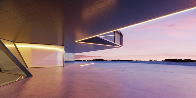 Empty cement floor with steel and glass modern building exterior