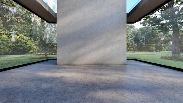 Empty cement hall room interior with empty wall in clear glass building with garden view