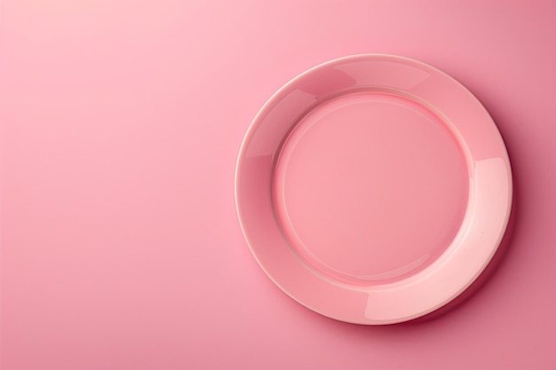 Photo empty ceramic pastel pink plate on pastel pink tabletop background top view