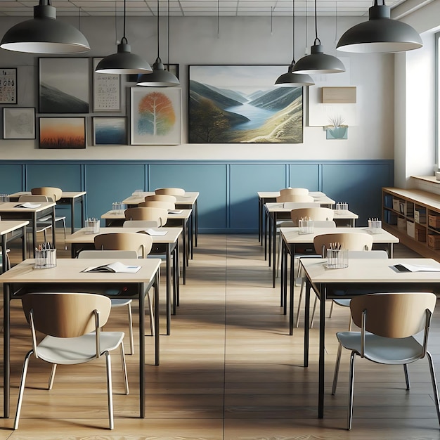 Empty Chairs and Tables in High School Classroom School Interior Photo