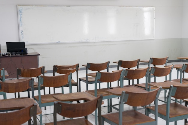 Empty chairs and tables in row