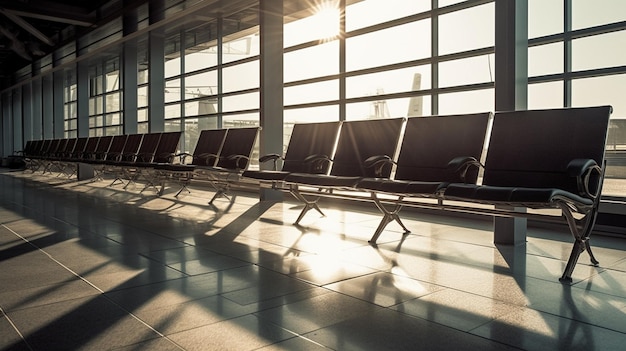 Empty chairs in a waiting room at an airport