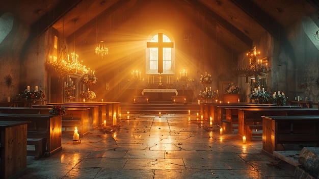 An Empty Chapel With A CrossShaped Arrangement Background