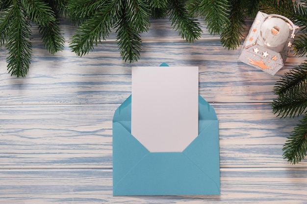 Empty Christmas card envelope with template letter Mockup for seasonal greetings