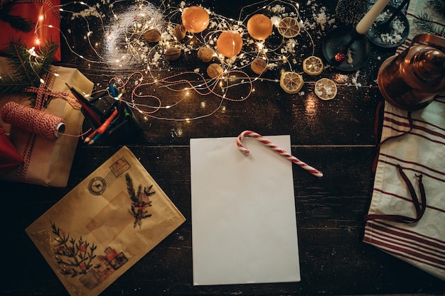 Empty christmas card on wooden table