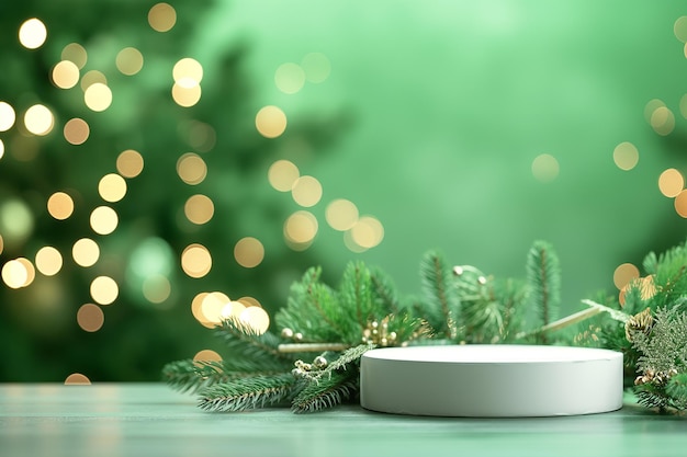 Empty Christmas Podium With Green Background and Christmas Trees