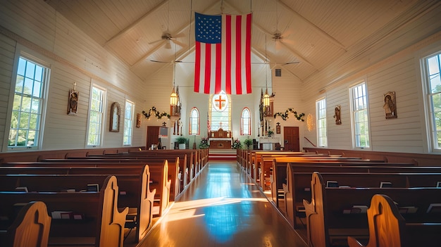 Empty Church Pews with American Flag