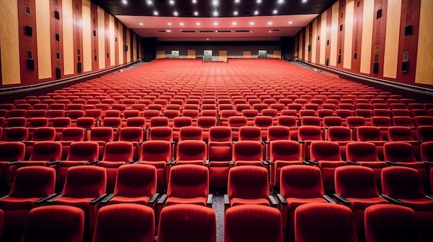 Empty cinema auditorium with red seats and blue curtains Toned image