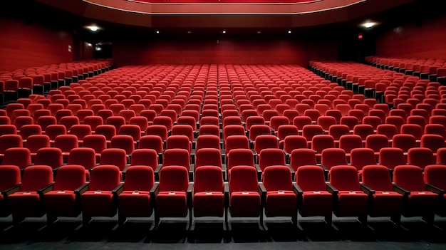 Empty cinema auditorium with red seats and blue curtains Toned image