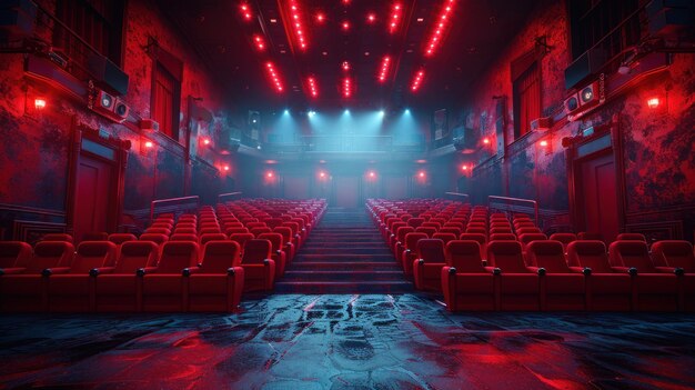 Empty Cinema Auditorium with Red Seats and Lights