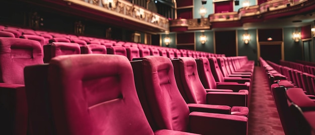 Empty cinema hall with rows of plush pink seats