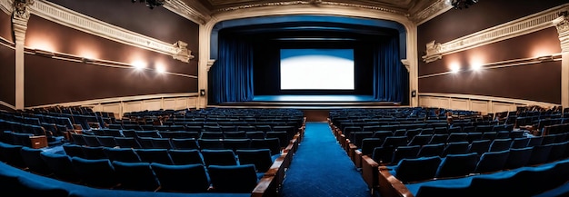 Empty cinema theater with blue seats banner design