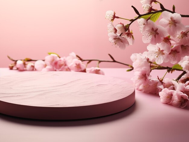 Photo empty circle pink product podium with cherry flowers on background pink backdrop with table podium