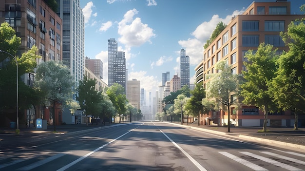 Empty City Street with Skyscrapers and Trees