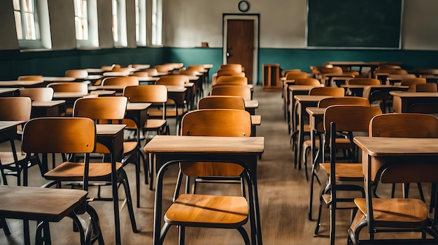 Empty Classroom Back to school concept in high school Classroom Interior Vintage Wooden Lecture