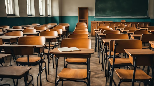 Empty Classroom Back to school concept in high school Classroom Interior Vintage Wooden Lecture